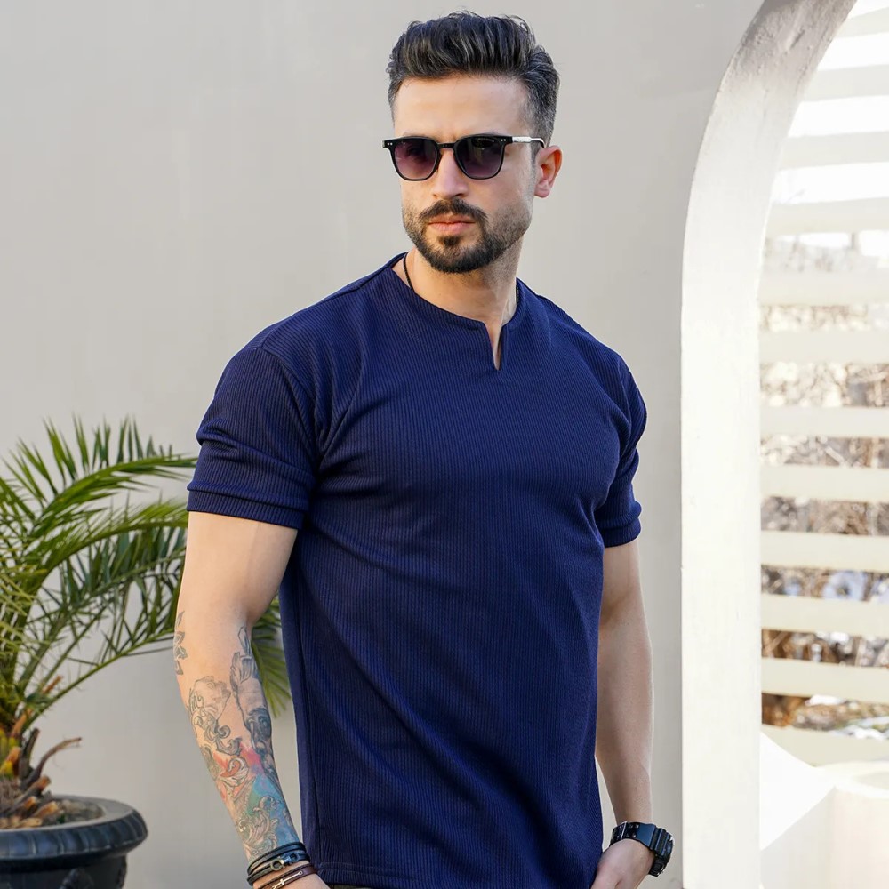 تیشرت آستین کوتاه یقه کوبایی مردانه مدل Asam ( در چند رنگ بندی )